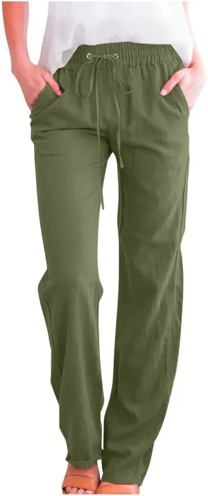 Casual Pants for Women Cotton Linen Summer Drawstring Elastic Waist Trouser Straight Leg Beach Travel Holiday Slacks