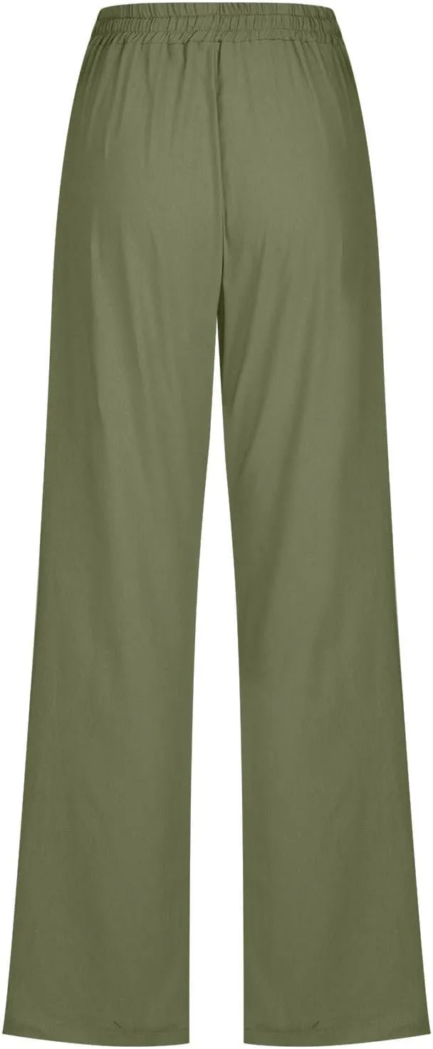 Casual Pants for Women Cotton Linen Summer Drawstring Elastic Waist Trouser Straight Leg Beach Travel Holiday Slacks