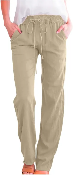 Casual Pants for Women Cotton Linen Summer Drawstring Elastic Waist Trouser Straight Leg Beach Travel Holiday Slacks