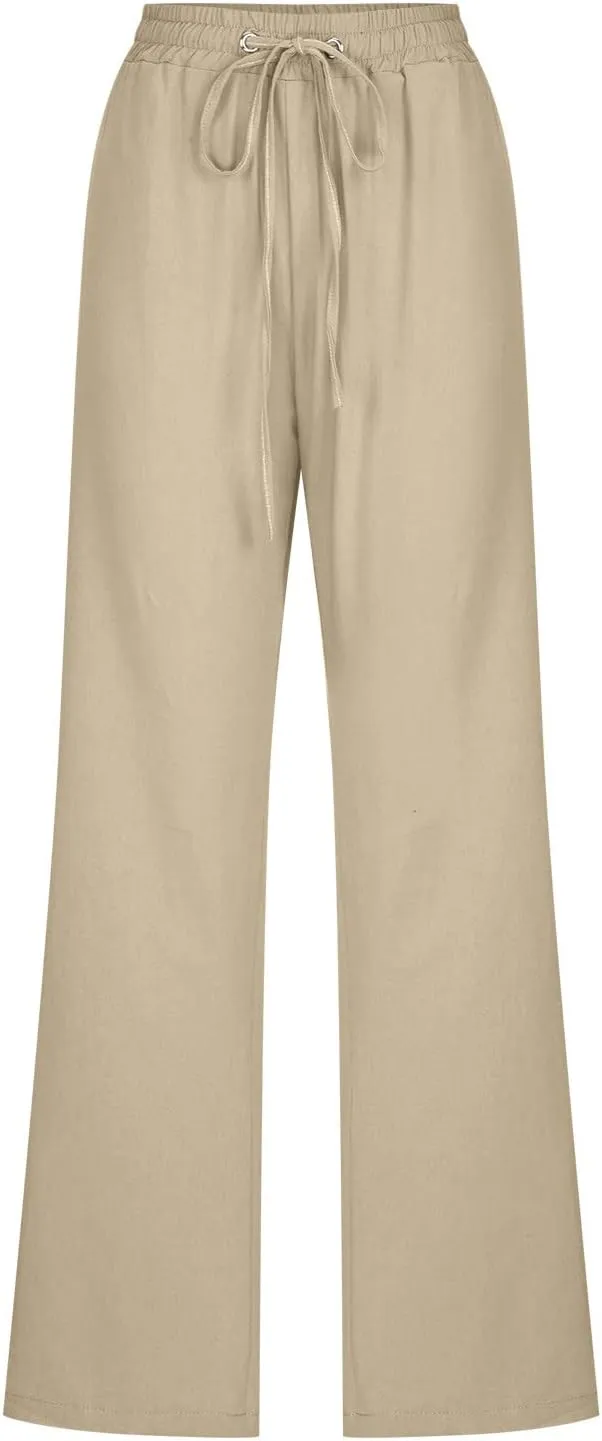 Casual Pants for Women Cotton Linen Summer Drawstring Elastic Waist Trouser Straight Leg Beach Travel Holiday Slacks
