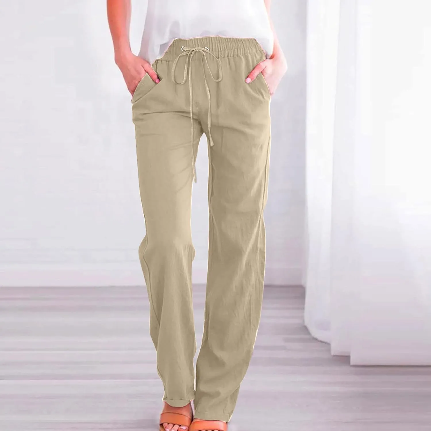 Casual Pants for Women Cotton Linen Summer Drawstring Elastic Waist Trouser Straight Leg Beach Travel Holiday Slacks
