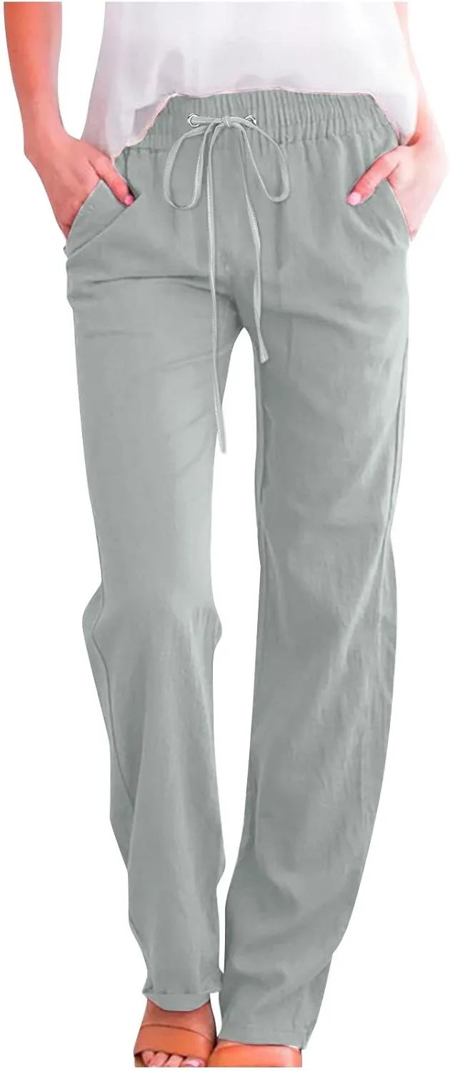 Casual Pants for Women Cotton Linen Summer Drawstring Elastic Waist Trouser Straight Leg Beach Travel Holiday Slacks