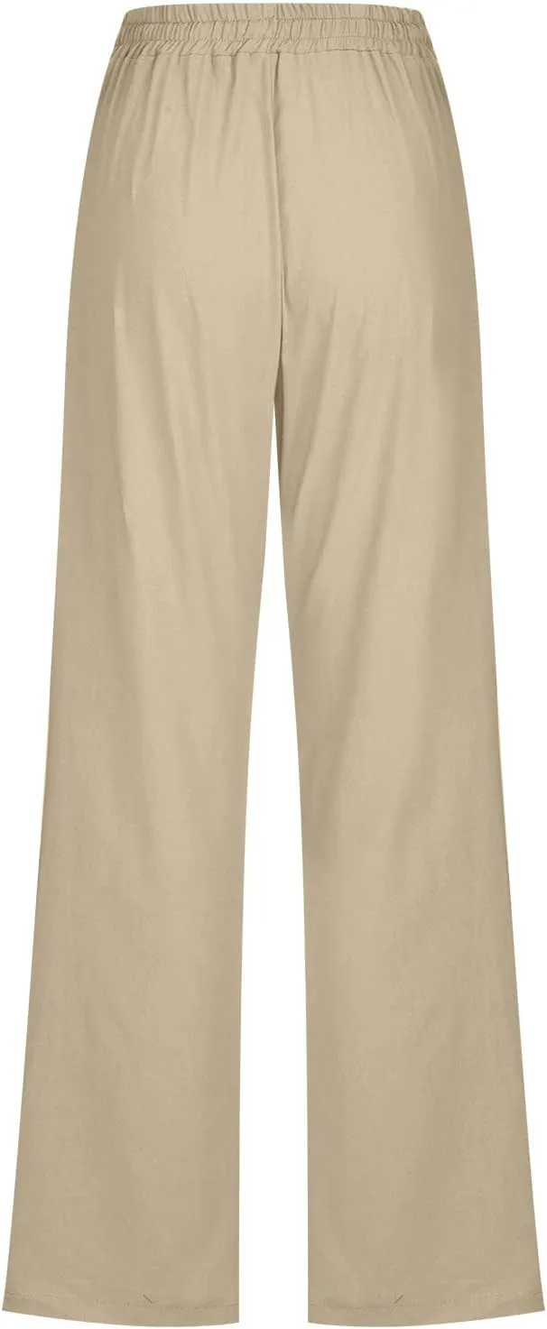 Casual Pants for Women Cotton Linen Summer Drawstring Elastic Waist Trouser Straight Leg Beach Travel Holiday Slacks