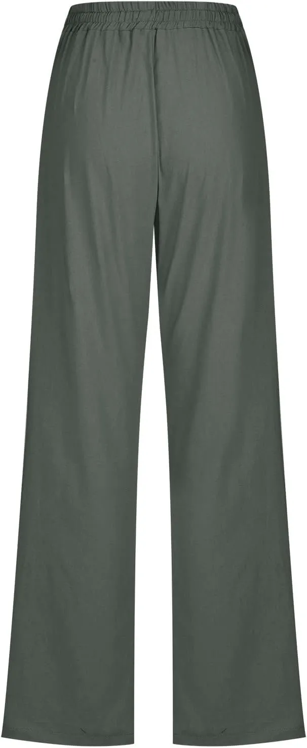 Casual Pants for Women Cotton Linen Summer Drawstring Elastic Waist Trouser Straight Leg Beach Travel Holiday Slacks