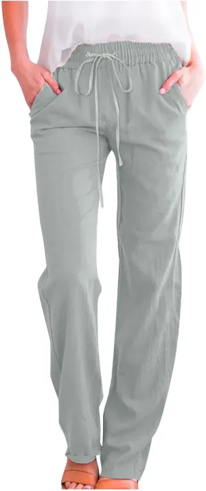 Casual Pants for Women Cotton Linen Summer Drawstring Elastic Waist Trouser Straight Leg Beach Travel Holiday Slacks