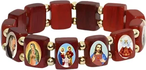 Catholica Shop Devotional Catholic Religious Wood Stretch Bracelets. Small and Large Panels with Assorted Images of Saints, Jesus and Mary. Unisex. Made in Brazil