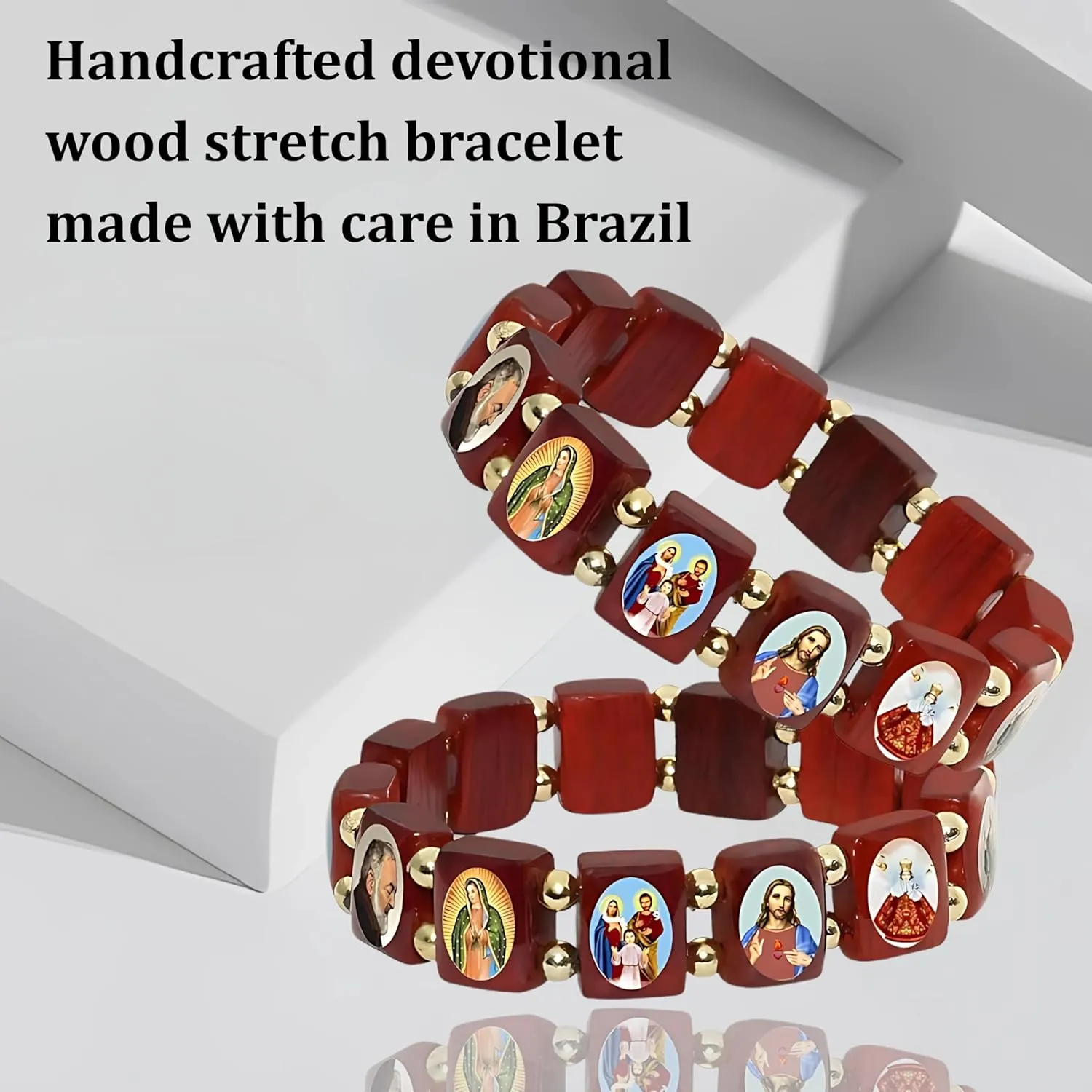 Catholica Shop Devotional Catholic Religious Wood Stretch Bracelets. Small and Large Panels with Assorted Images of Saints, Jesus and Mary. Unisex. Made in Brazil