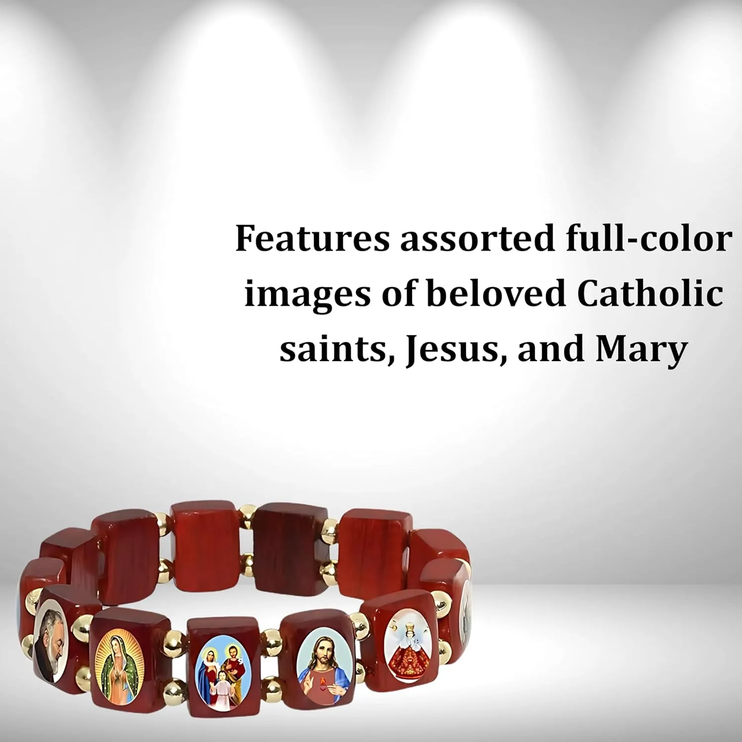 Catholica Shop Devotional Catholic Religious Wood Stretch Bracelets. Small and Large Panels with Assorted Images of Saints, Jesus and Mary. Unisex. Made in Brazil
