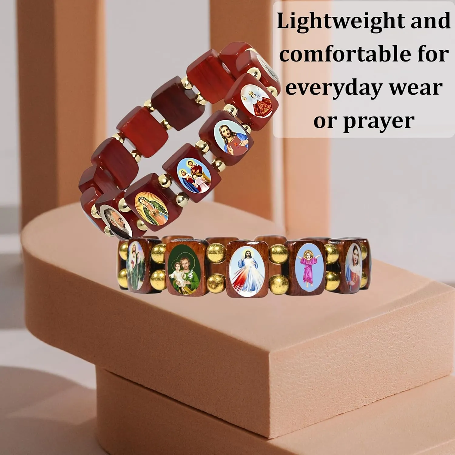 Catholica Shop Devotional Catholic Religious Wood Stretch Bracelets. Small and Large Panels with Assorted Images of Saints, Jesus and Mary. Unisex. Made in Brazil