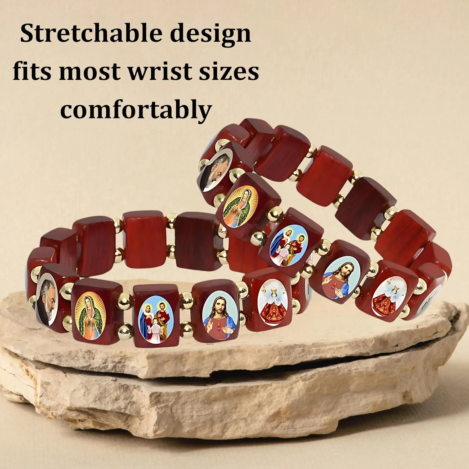 Catholica Shop Devotional Catholic Religious Wood Stretch Bracelets. Small and Large Panels with Assorted Images of Saints, Jesus and Mary. Unisex. Made in Brazil