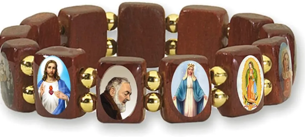 Catholica Shop Devotional Catholic Religious Wood Stretch Bracelets. Small and Large Panels with Assorted Images of Saints, Jesus and Mary. Unisex. Made in Brazil