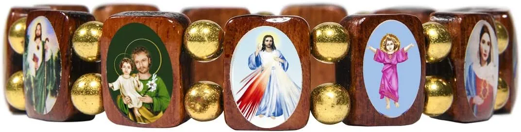 Catholica Shop Devotional Catholic Religious Wood Stretch Bracelets. Small and Large Panels with Assorted Images of Saints, Jesus and Mary. Unisex. Made in Brazil