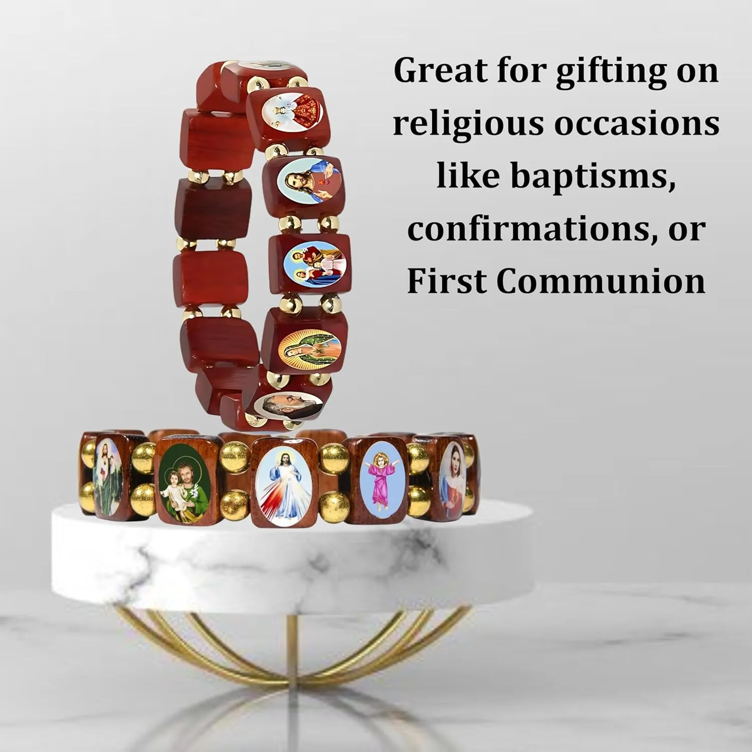 Catholica Shop Devotional Catholic Religious Wood Stretch Bracelets. Small and Large Panels with Assorted Images of Saints, Jesus and Mary. Unisex. Made in Brazil