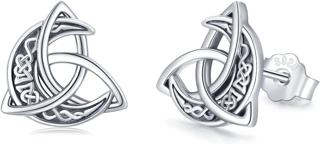 Celtic Moon Stud Earrings 925 Sterling Silver Crescent Earrings Celtic Knot Triangle Vintage Stud Earrings Good Luck irish gifts for women