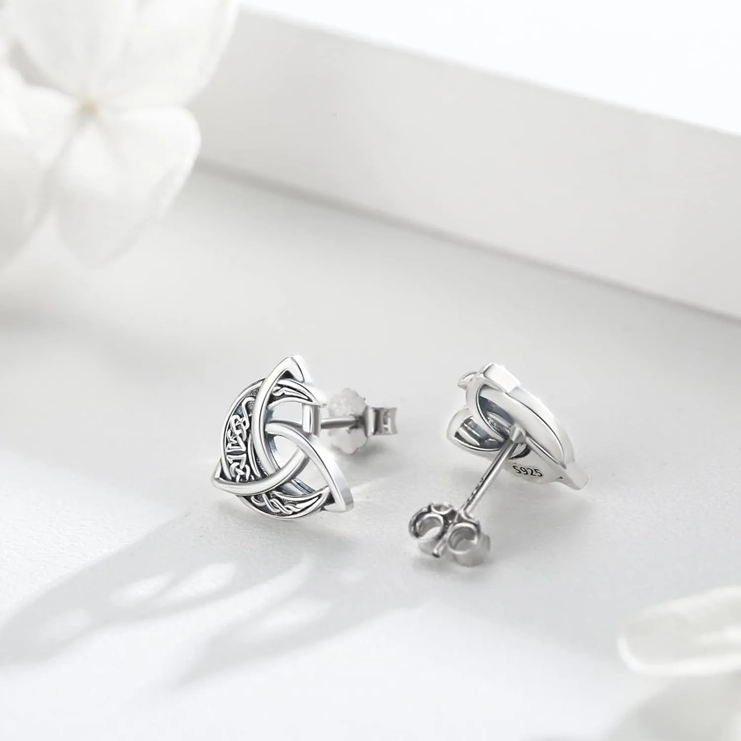 Celtic Moon Stud Earrings 925 Sterling Silver Crescent Earrings Celtic Knot Triangle Vintage Stud Earrings Good Luck irish gifts for women