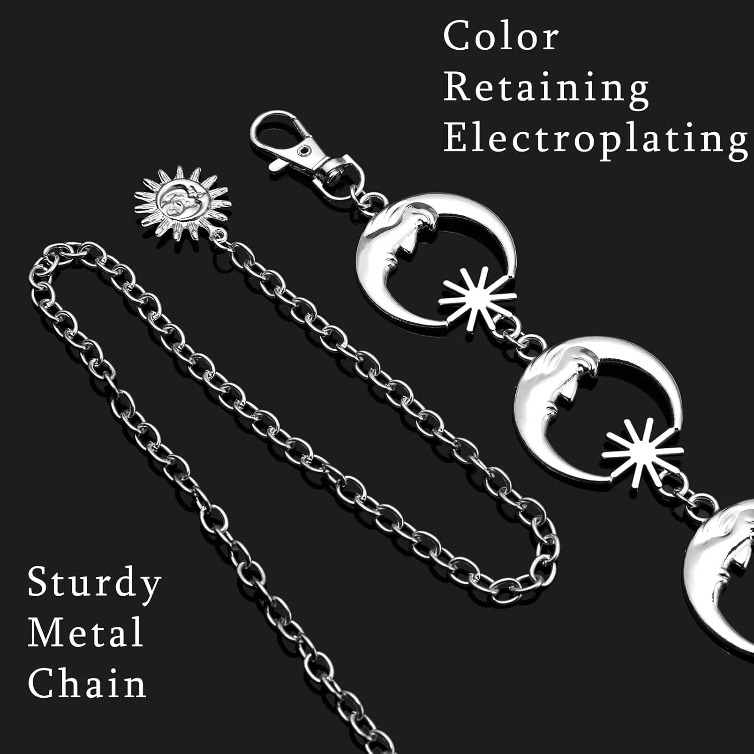 Chain Belt for Women Girls Sun Moon Western Metal Waist Chain, Adjustable Metal Chain Belts for Dresses Jeans Trousers