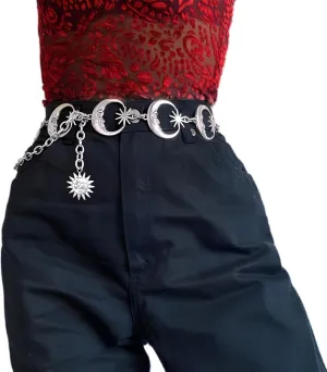 Chain Belt for Women Girls Sun Moon Western Metal Waist Chain, Adjustable Metal Chain Belts for Dresses Jeans Trousers