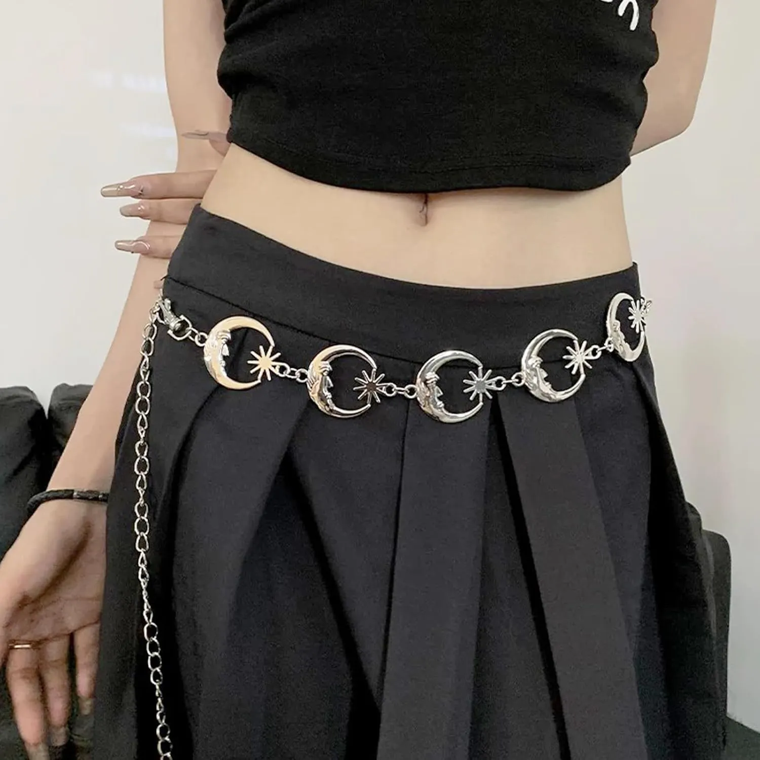 Chain Belt for Women Girls Sun Moon Western Metal Waist Chain, Adjustable Metal Chain Belts for Dresses Jeans Trousers