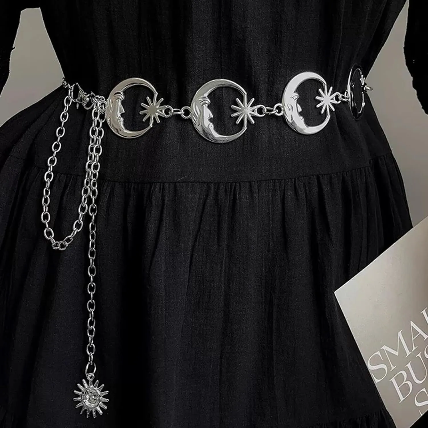 Chain Belt for Women Girls Sun Moon Western Metal Waist Chain, Adjustable Metal Chain Belts for Dresses Jeans Trousers