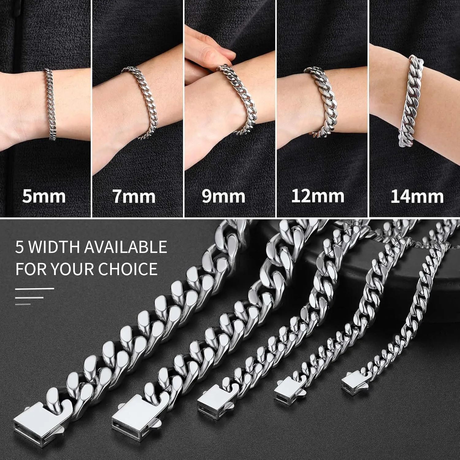 ChainsHouse Stainless Steel Cuban Link Bracelet for Men, 5mm/7mm/9mm/12mm Width, 7.5"/8.3"/9" Length, Black/18K Gold Plated Chain Wrist Bracelets for Men, with Gift Box