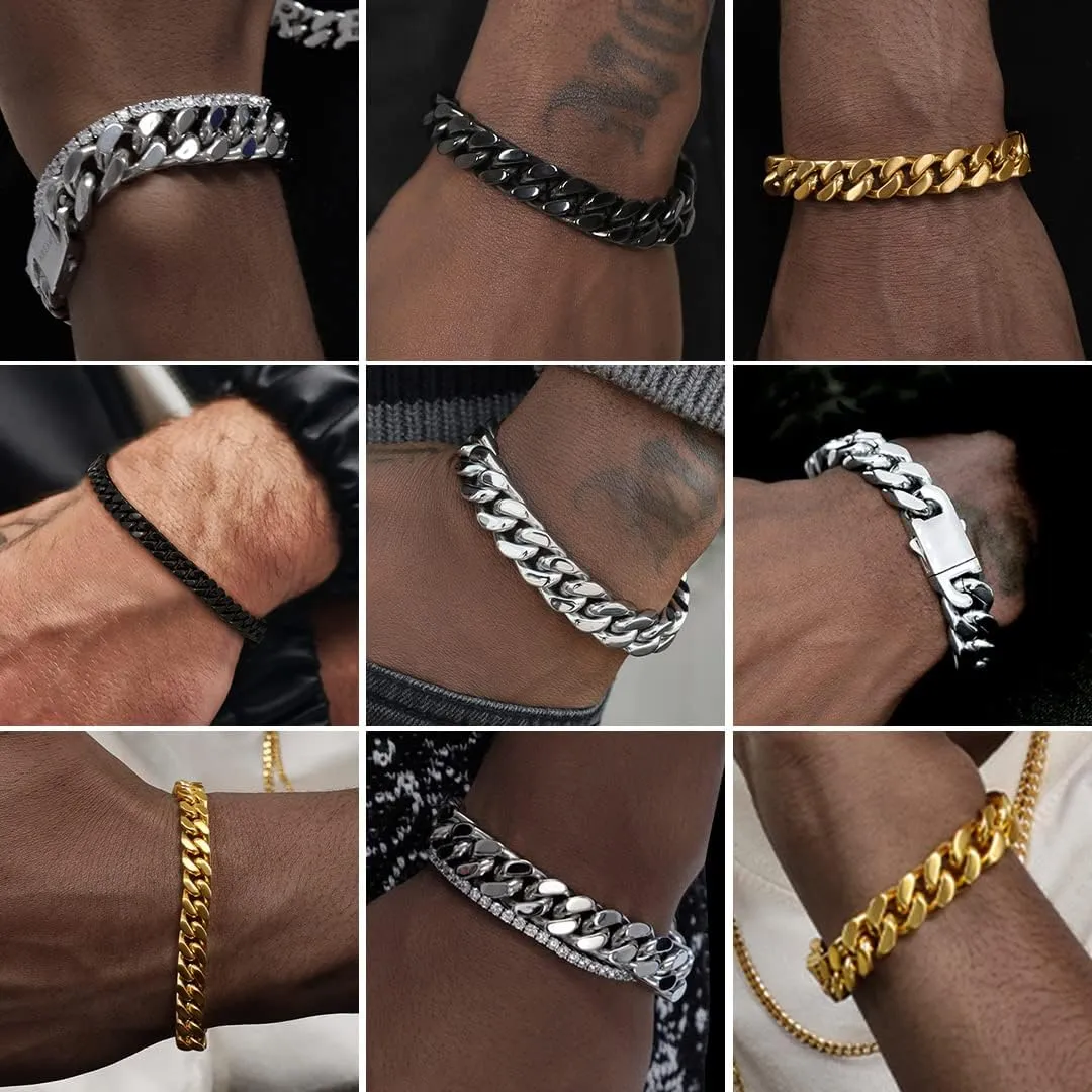 ChainsHouse Stainless Steel Cuban Link Bracelet for Men, 5mm/7mm/9mm/12mm Width, 7.5"/8.3"/9" Length, Black/18K Gold Plated Chain Wrist Bracelets for Men, with Gift Box
