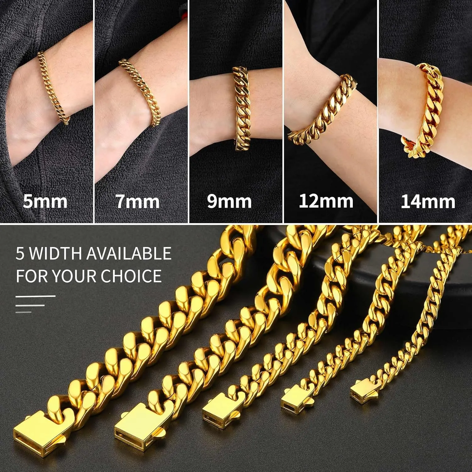 ChainsHouse Stainless Steel Cuban Link Bracelet for Men, 5mm/7mm/9mm/12mm Width, 7.5"/8.3"/9" Length, Black/18K Gold Plated Chain Wrist Bracelets for Men, with Gift Box