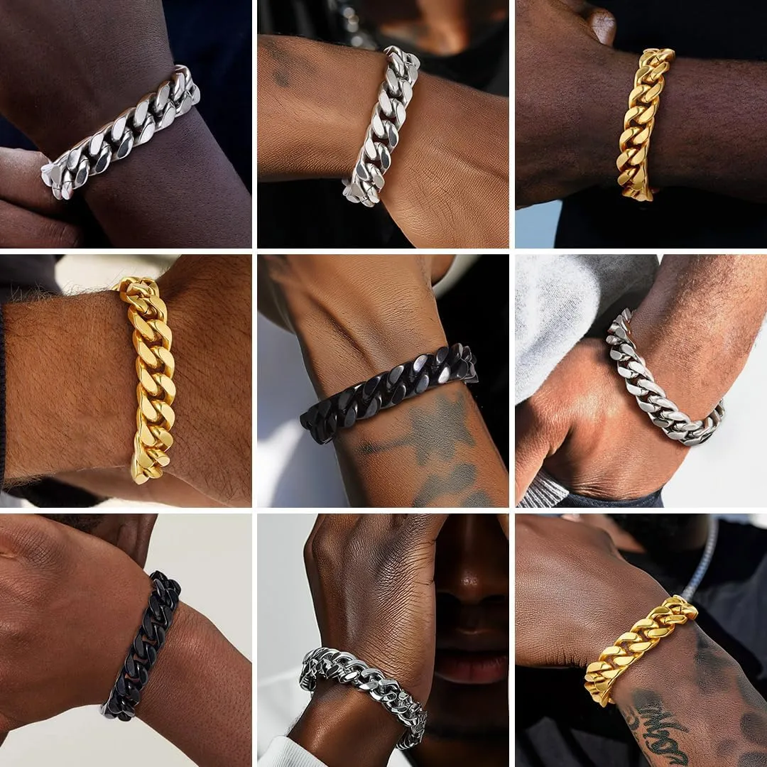 ChainsHouse Stainless Steel Cuban Link Bracelet for Men, 5mm/7mm/9mm/12mm Width, 7.5"/8.3"/9" Length, Black/18K Gold Plated Chain Wrist Bracelets for Men, with Gift Box