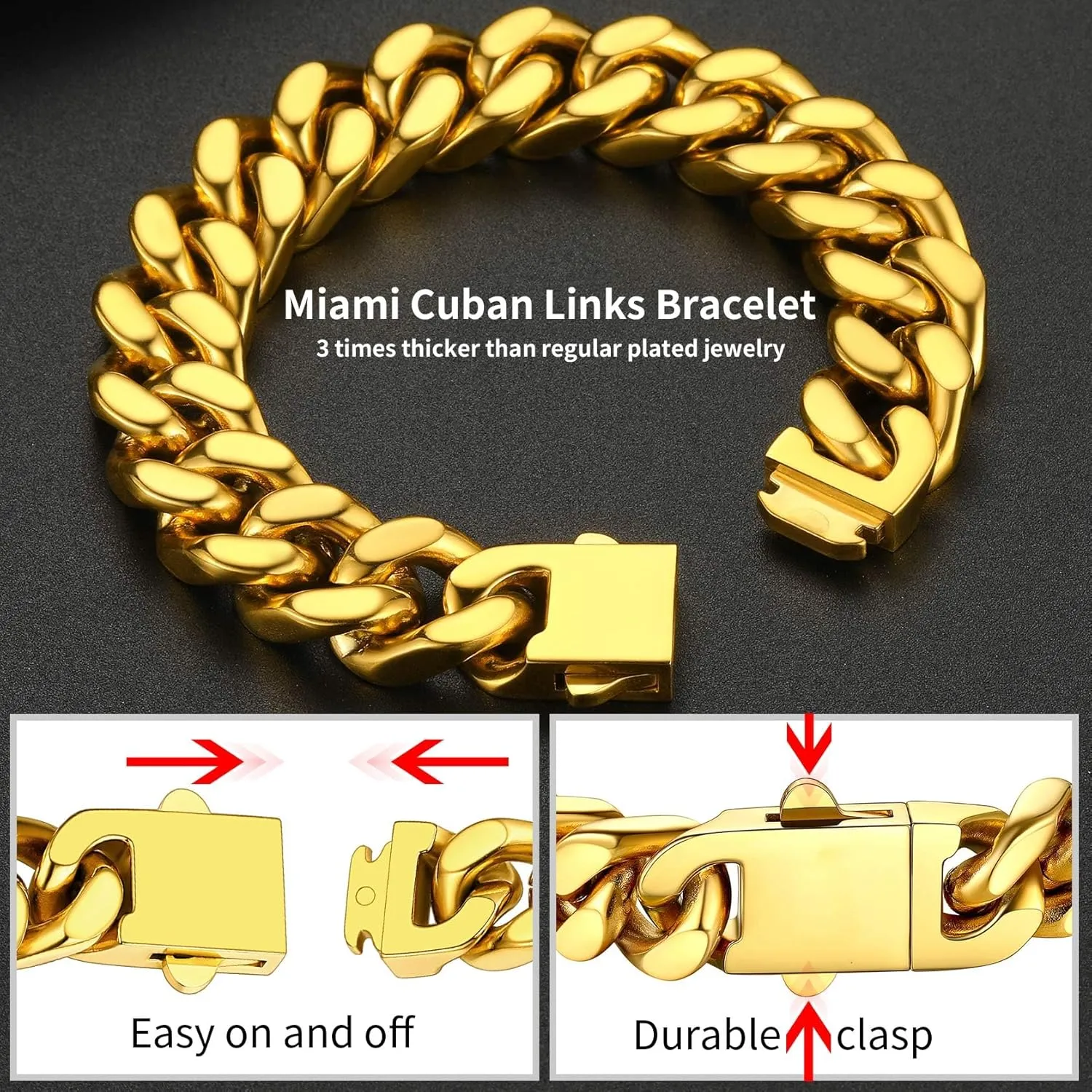ChainsHouse Stainless Steel Cuban Link Bracelet for Men, 5mm/7mm/9mm/12mm Width, 7.5"/8.3"/9" Length, Black/18K Gold Plated Chain Wrist Bracelets for Men, with Gift Box