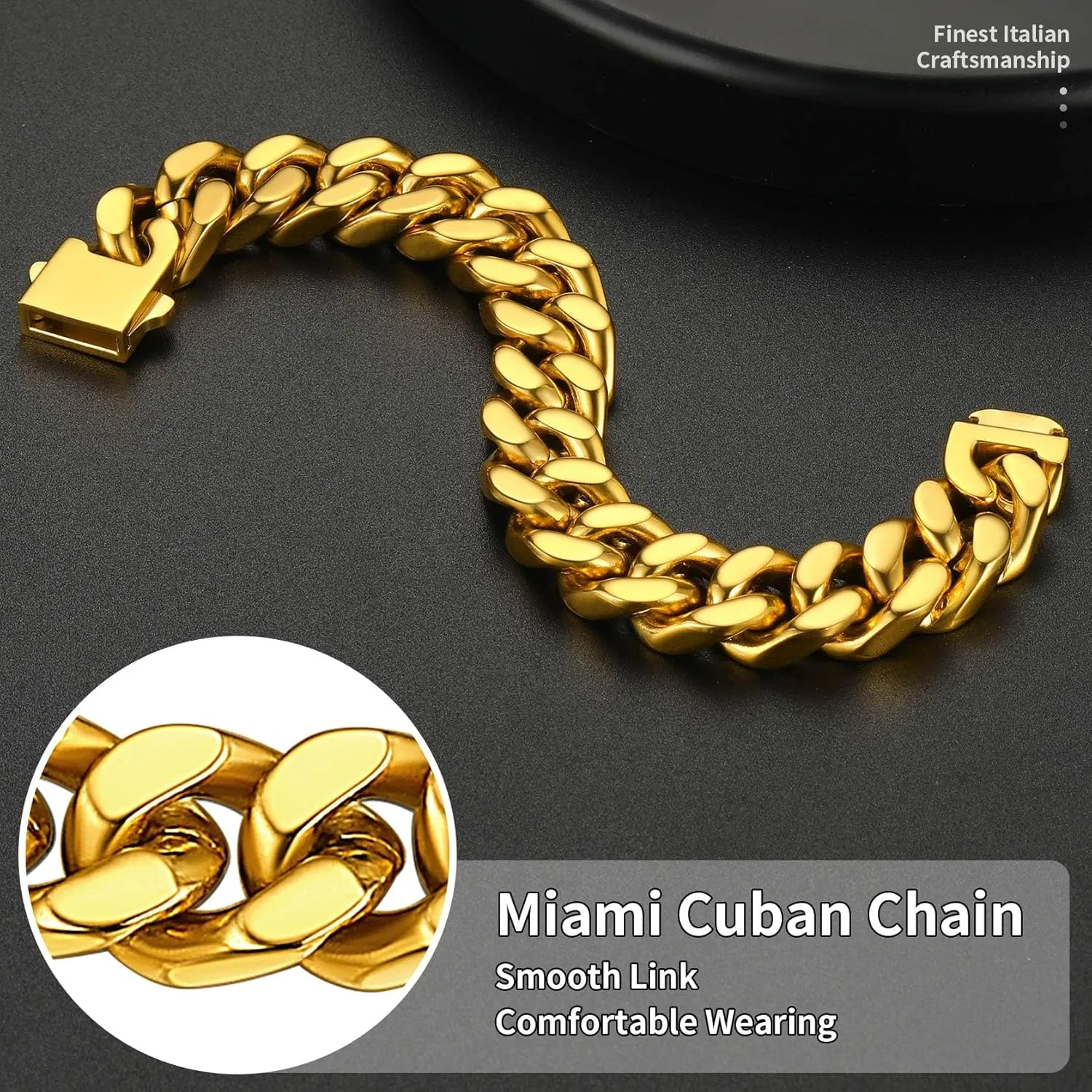 ChainsHouse Stainless Steel Cuban Link Bracelet for Men, 5mm/7mm/9mm/12mm Width, 7.5"/8.3"/9" Length, Black/18K Gold Plated Chain Wrist Bracelets for Men, with Gift Box