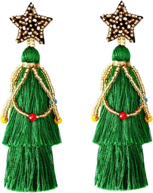 Christmas Earrings for Women Green Christmas Tree Drop Dangling Tassel Boho Winter Earrings for Girl
