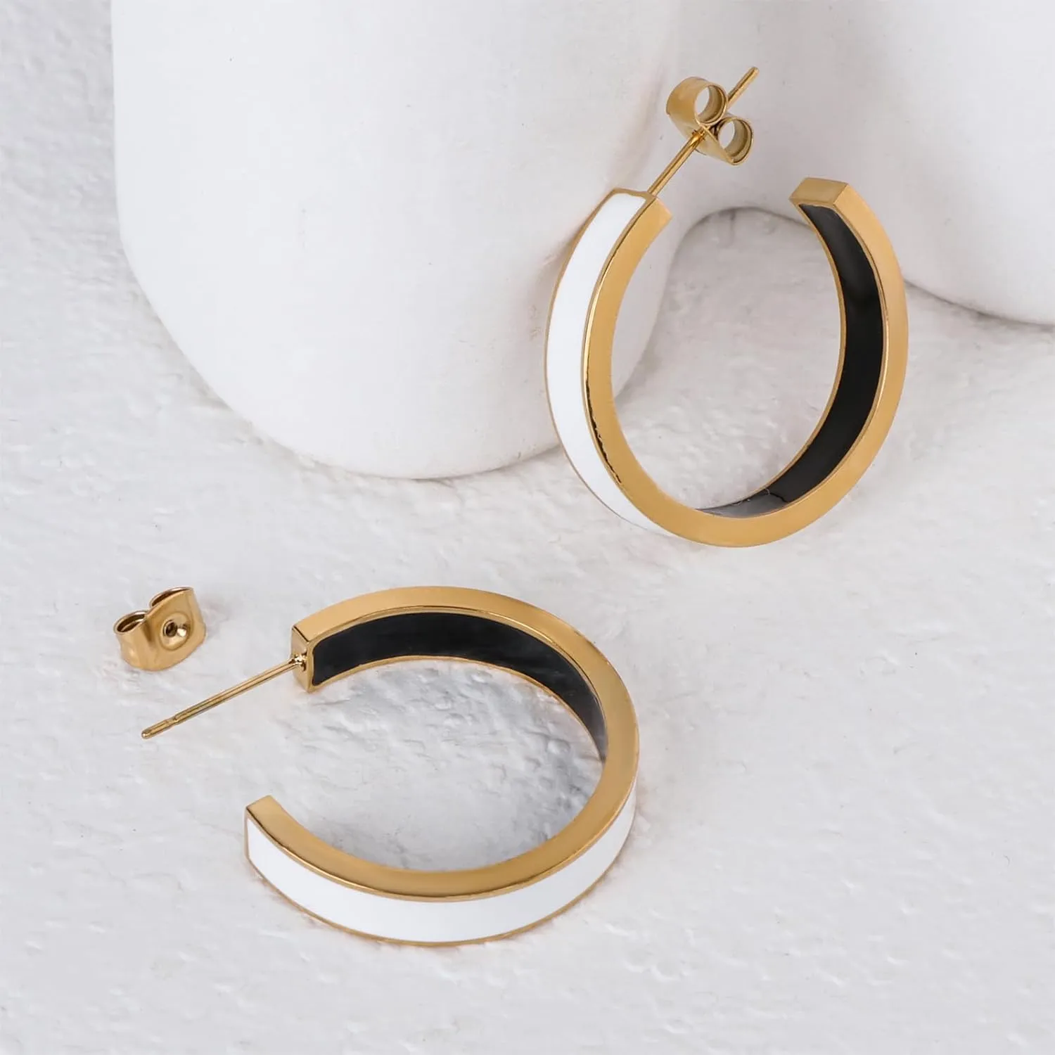 Chunky Gold Earrings for Women C Shaped Round Hoop Earrings 18K Gold Plated Stainless Steel Enamel Earrings Jewelry Gift