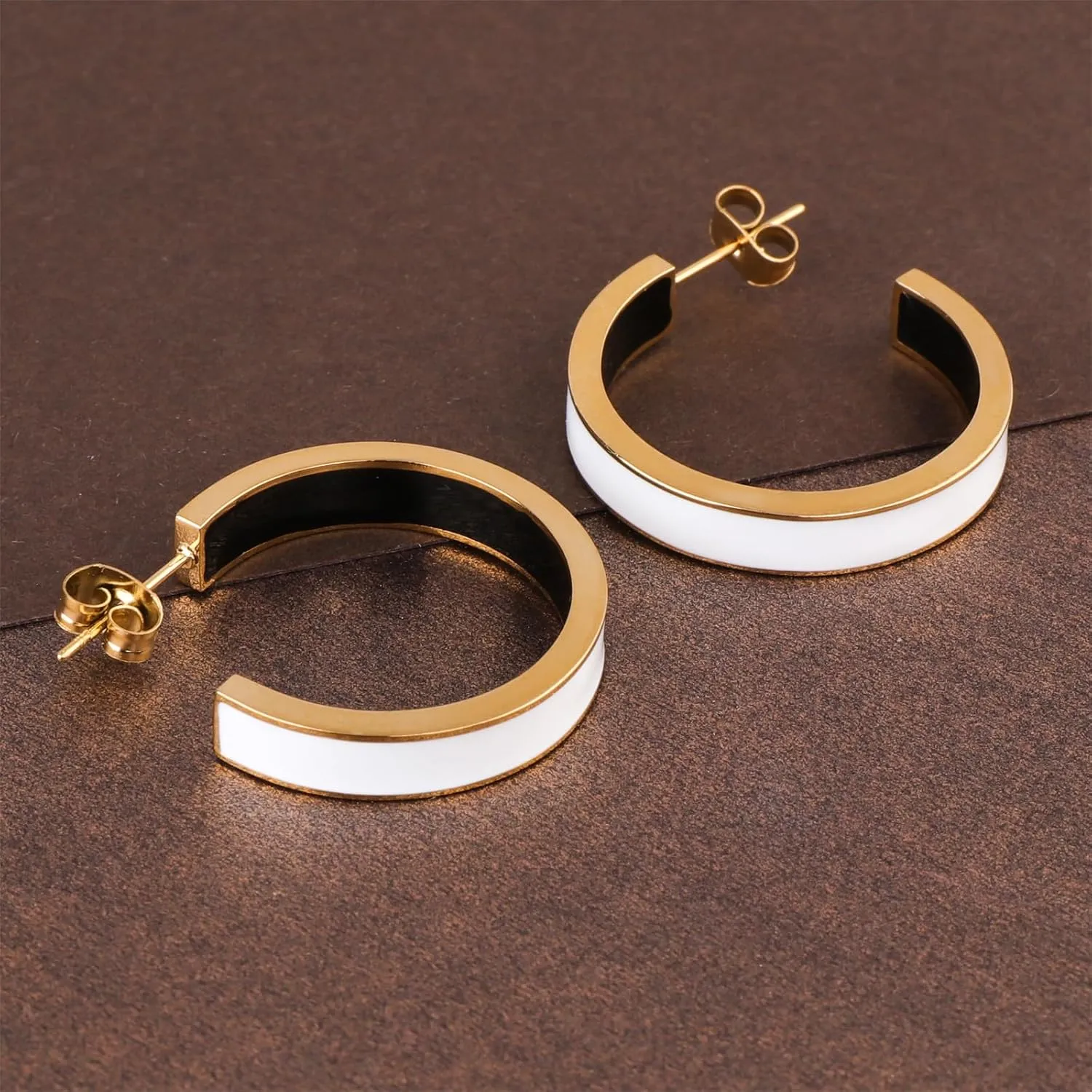 Chunky Gold Earrings for Women C Shaped Round Hoop Earrings 18K Gold Plated Stainless Steel Enamel Earrings Jewelry Gift