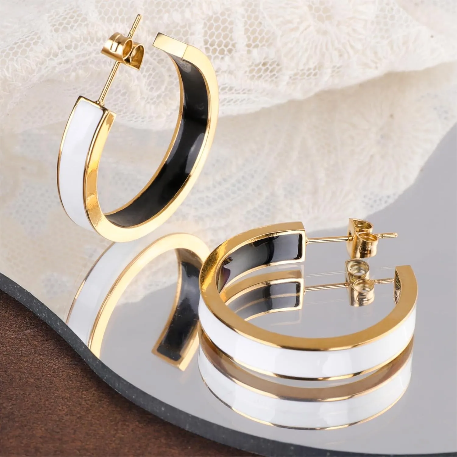 Chunky Gold Earrings for Women C Shaped Round Hoop Earrings 18K Gold Plated Stainless Steel Enamel Earrings Jewelry Gift