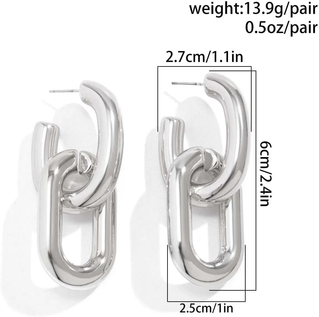 Chunky Gold Hoop Earrings for Women Gold Plated Convertible Link Symmetrical Paperclip Chain Earrings Hypoallergenic Pierced Earrings Jewelry for Women