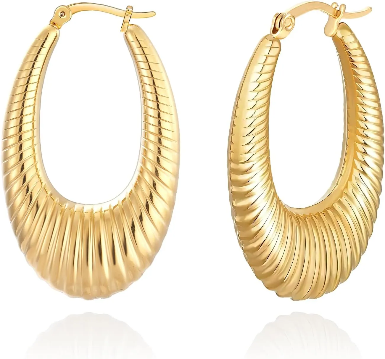 Chunky Gold/Steel Hoop Earrings for Women,14K Gold Plated/Steel Chunky Huggie Hoop Earring Lightweight,Stainless Steel Thick U Shape Hoops Twist Thread Flatted Hoops Earrings Hypoallergenic