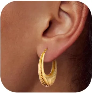 Chunky Gold/Steel Hoop Earrings for Women,14K Gold Plated/Steel Chunky Huggie Hoop Earring Lightweight,Stainless Steel Thick U Shape Hoops Twist Thread Flatted Hoops Earrings Hypoallergenic