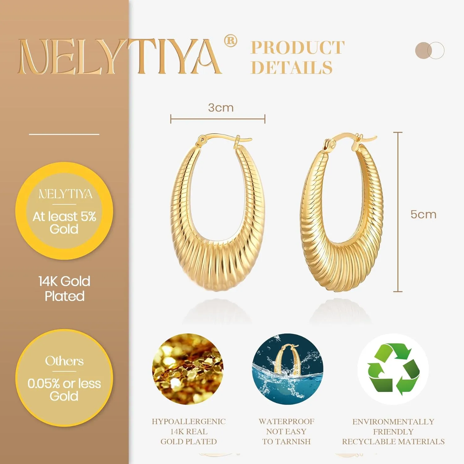 Chunky Gold/Steel Hoop Earrings for Women,14K Gold Plated/Steel Chunky Huggie Hoop Earring Lightweight,Stainless Steel Thick U Shape Hoops Twist Thread Flatted Hoops Earrings Hypoallergenic