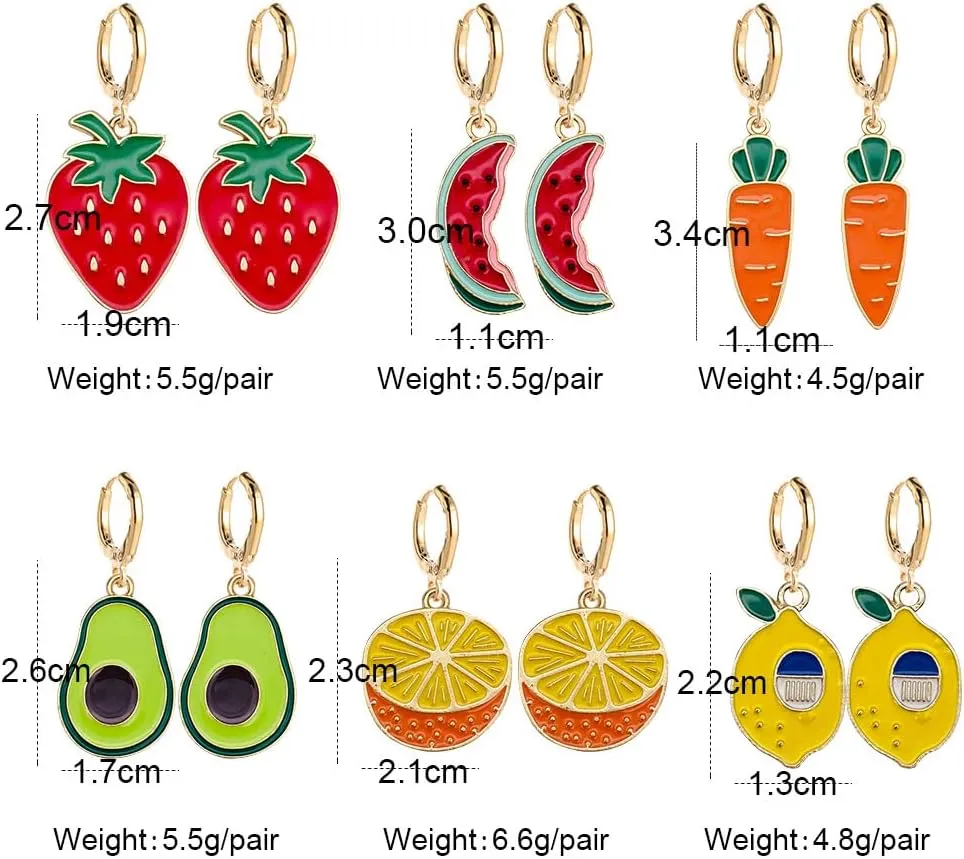 Colorful Alloy Gold Plated Hoop Fruit Earrings Strawberry Lemon Avocado Vegetable Dangle Earrings Cute Mushroom Watermelon Drop Earrings for Women Girls Lovely Summer Vibe Jewelry