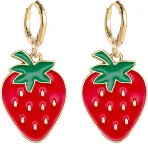 Colorful Alloy Gold Plated Hoop Fruit Earrings Strawberry Lemon Avocado Vegetable Dangle Earrings Cute Mushroom Watermelon Drop Earrings for Women Girls Lovely Summer Vibe Jewelry
