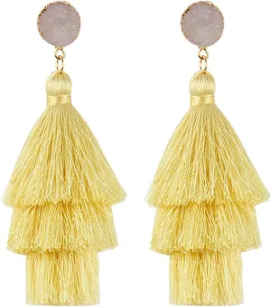Colorful Layered Tassel Earrings Bohemian 3 Tier Fringe Statement Big Dangle Earrings Boho Handmade Braided Thread Fringe Layer Drop Earrings for Women Girls