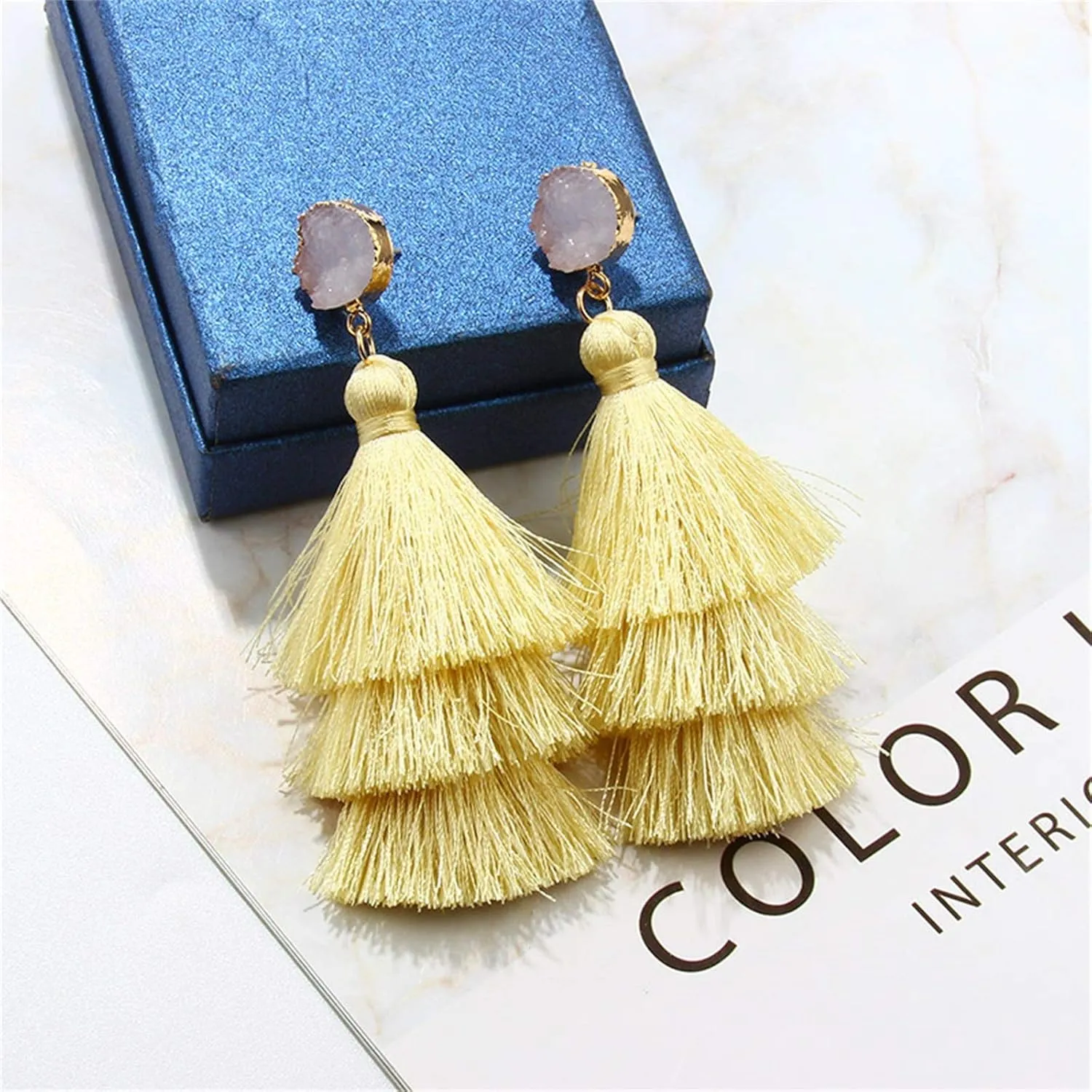 Colorful Layered Tassel Earrings Bohemian 3 Tier Fringe Statement Big Dangle Earrings Boho Handmade Braided Thread Fringe Layer Drop Earrings for Women Girls