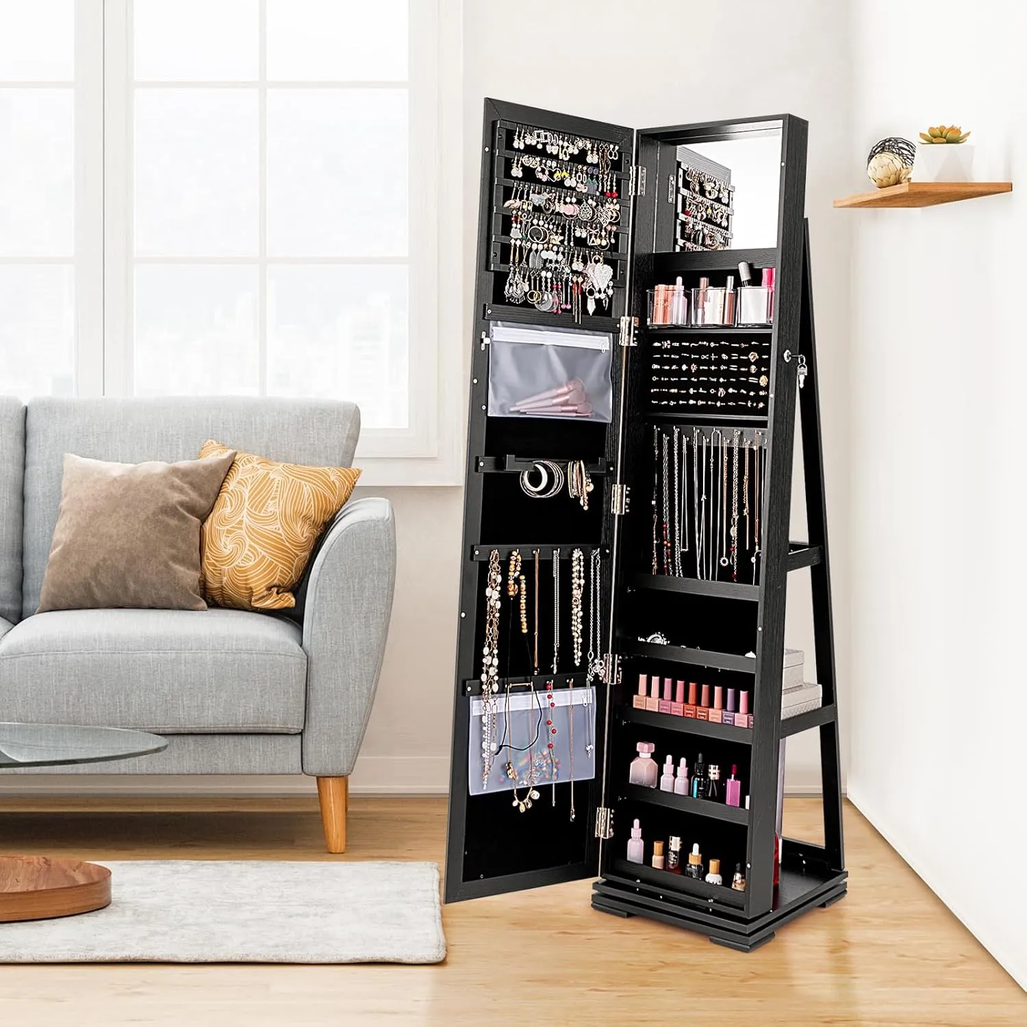 COSTWAY 360 Rotating Jewelry Armoire Cabinet, Standing Jewelry Organizer w/Full-Length Mirror & Large Storage Space, Lockable Mirror Jewelry Cabinet for Girls Women (Black)