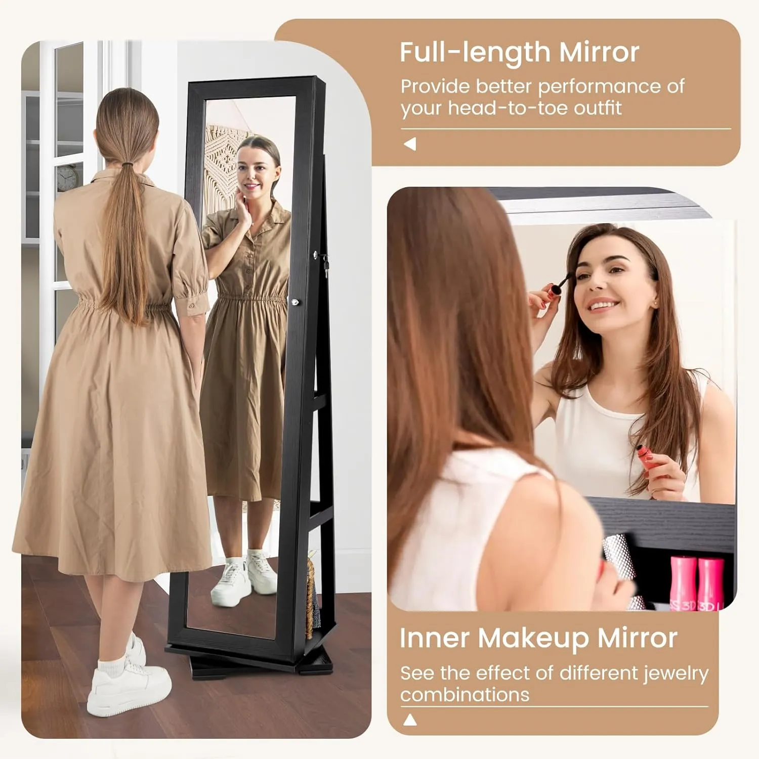 COSTWAY 360 Rotating Jewelry Armoire Cabinet, Standing Jewelry Organizer w/Full-Length Mirror & Large Storage Space, Lockable Mirror Jewelry Cabinet for Girls Women (Black)