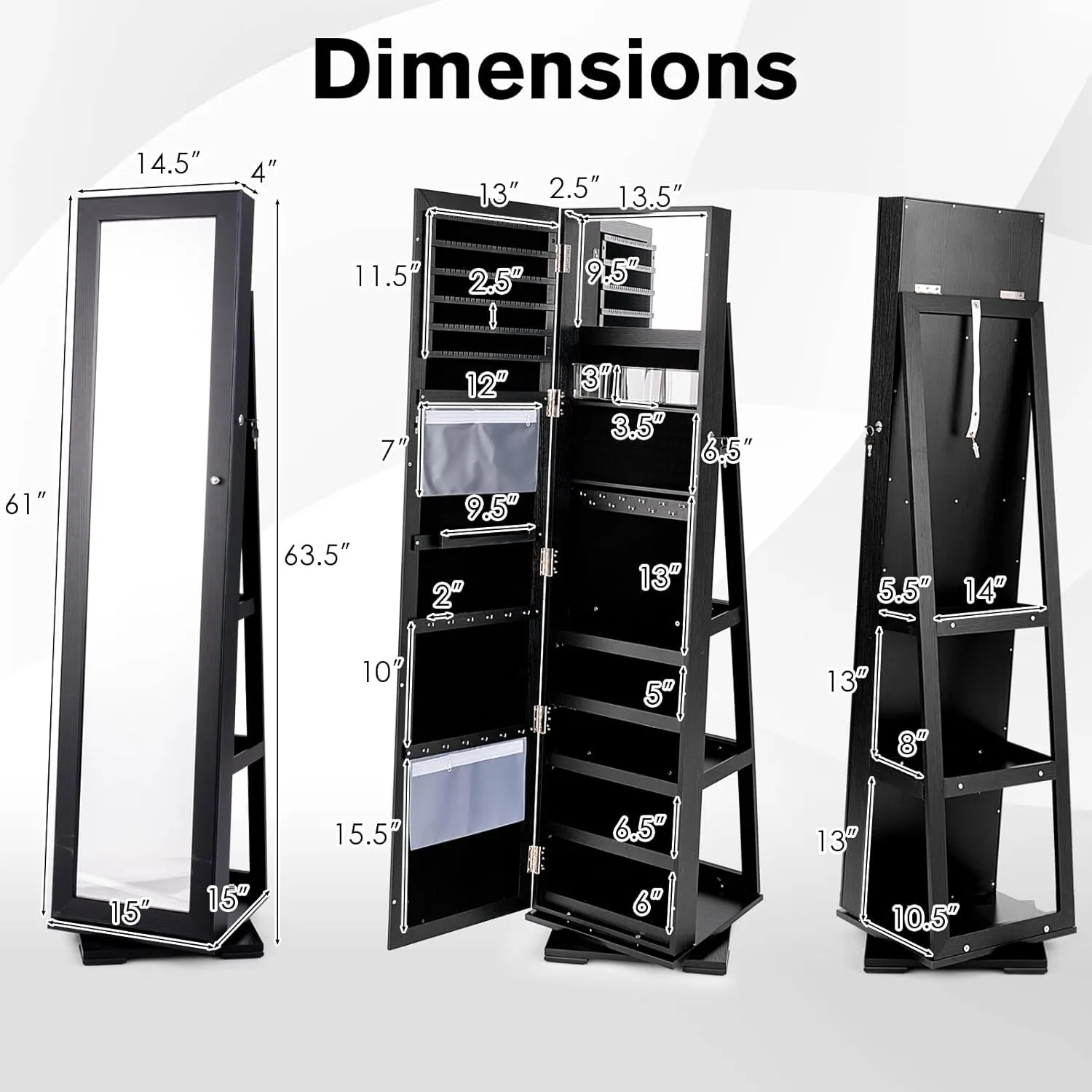 COSTWAY 360 Rotating Jewelry Armoire Cabinet, Standing Jewelry Organizer w/Full-Length Mirror & Large Storage Space, Lockable Mirror Jewelry Cabinet for Girls Women (Black)