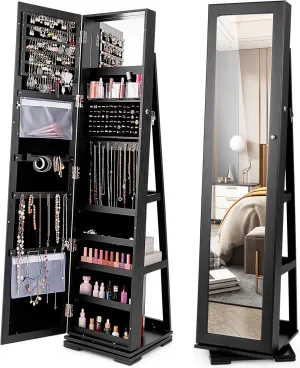 COSTWAY 360 Rotating Jewelry Armoire Cabinet, Standing Jewelry Organizer w/Full-Length Mirror & Large Storage Space, Lockable Mirror Jewelry Cabinet for Girls Women (Black)