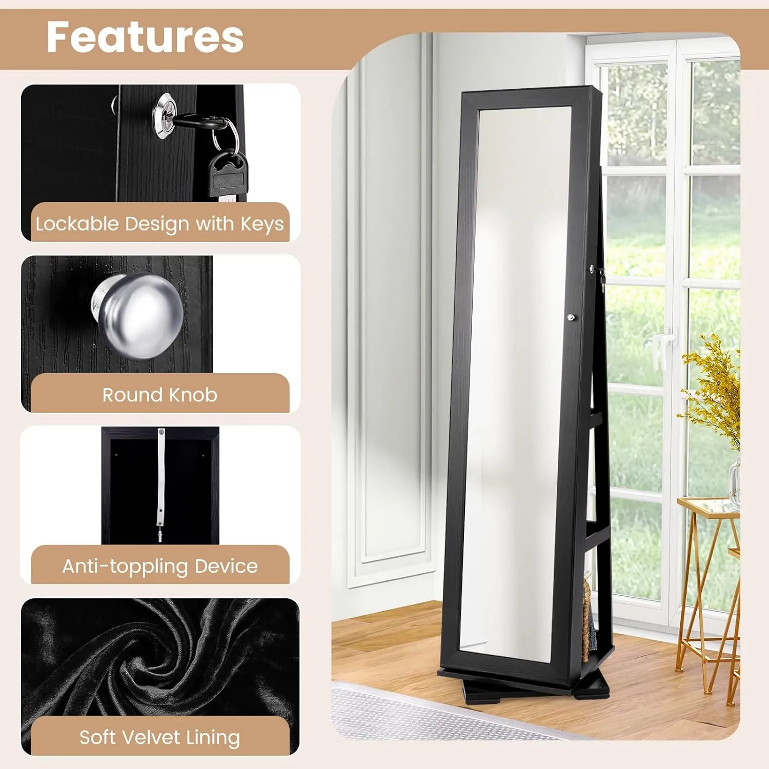 COSTWAY 360 Rotating Jewelry Armoire Cabinet, Standing Jewelry Organizer w/Full-Length Mirror & Large Storage Space, Lockable Mirror Jewelry Cabinet for Girls Women (Black)