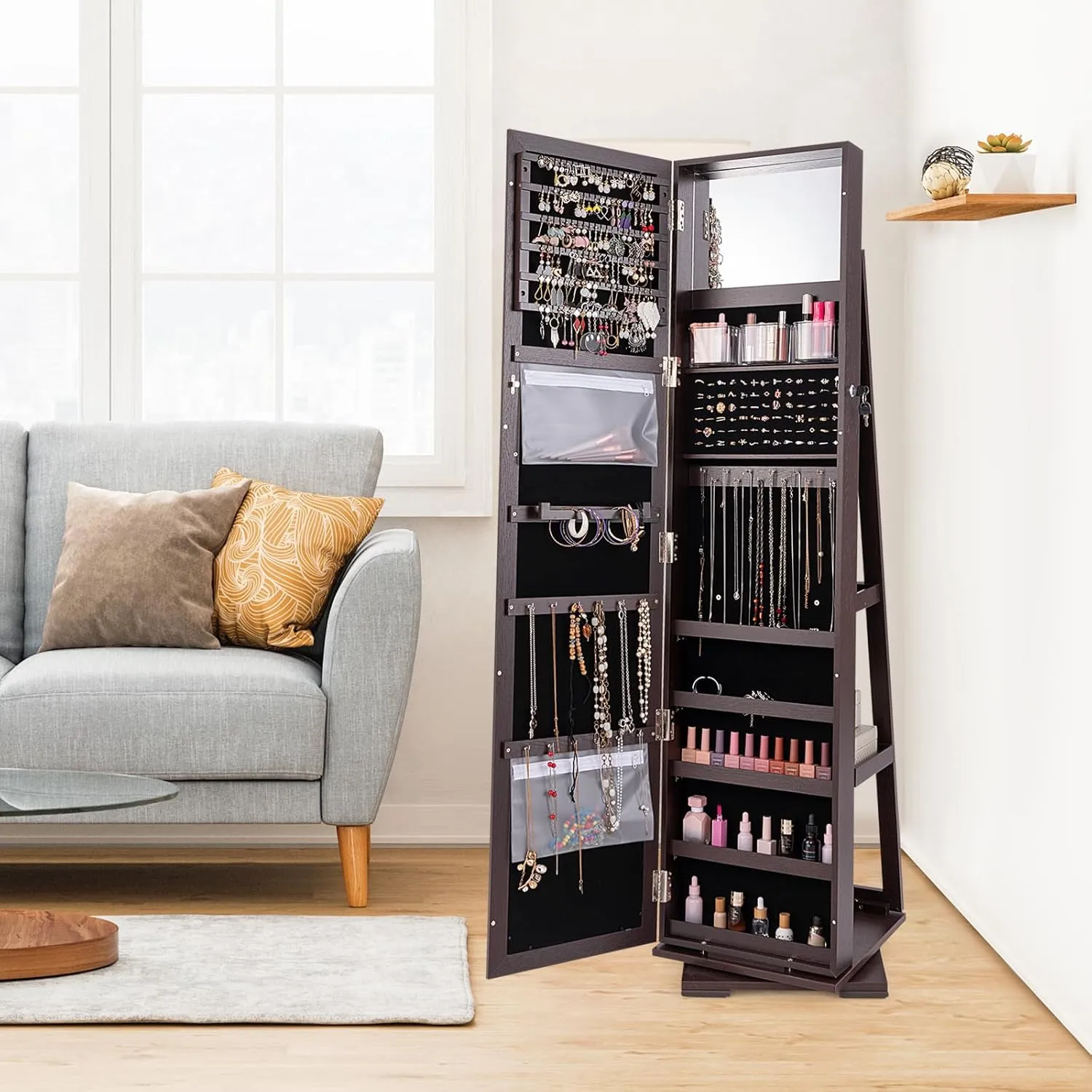 COSTWAY 360 Rotating Jewelry Armoire Cabinet, Standing Jewelry Organizer w/Full-Length Mirror & Large Storage Space, Lockable Mirror Jewelry Cabinet for Girls Women (Espresso)