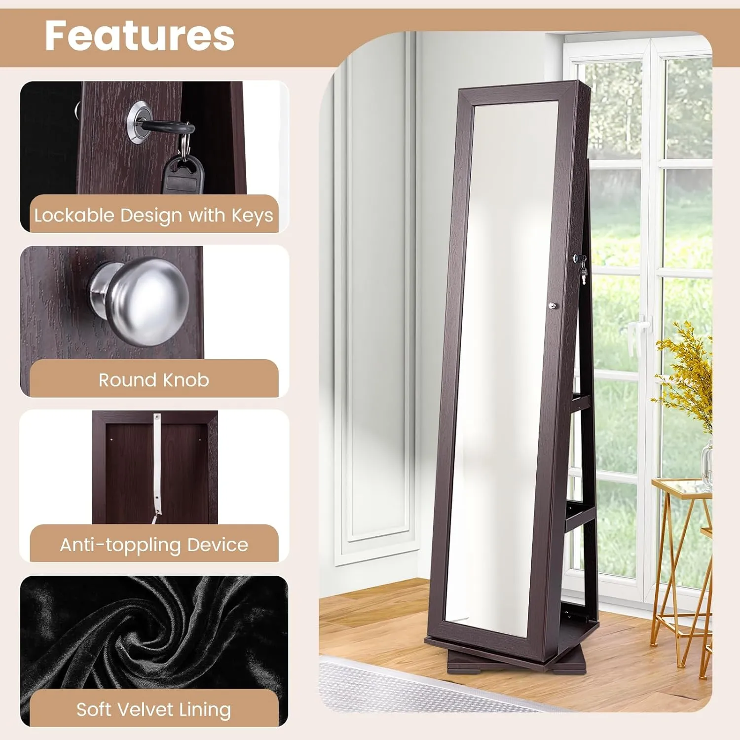 COSTWAY 360 Rotating Jewelry Armoire Cabinet, Standing Jewelry Organizer w/Full-Length Mirror & Large Storage Space, Lockable Mirror Jewelry Cabinet for Girls Women (Espresso)