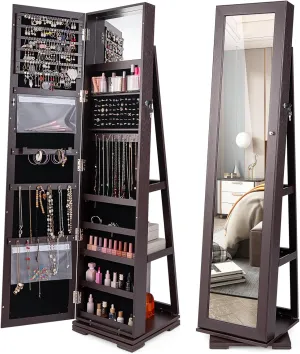 COSTWAY 360 Rotating Jewelry Armoire Cabinet, Standing Jewelry Organizer w/Full-Length Mirror & Large Storage Space, Lockable Mirror Jewelry Cabinet for Girls Women (Espresso)