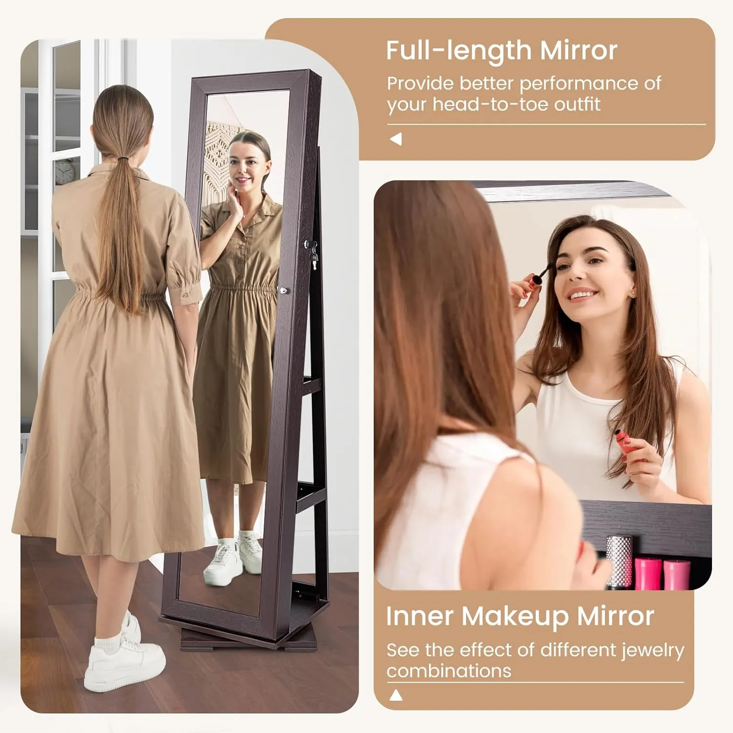 COSTWAY 360 Rotating Jewelry Armoire Cabinet, Standing Jewelry Organizer w/Full-Length Mirror & Large Storage Space, Lockable Mirror Jewelry Cabinet for Girls Women (Espresso)